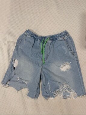 Bershka Light Blue Distressed Denim Men’s Shorts with brat neon Green Drawstring